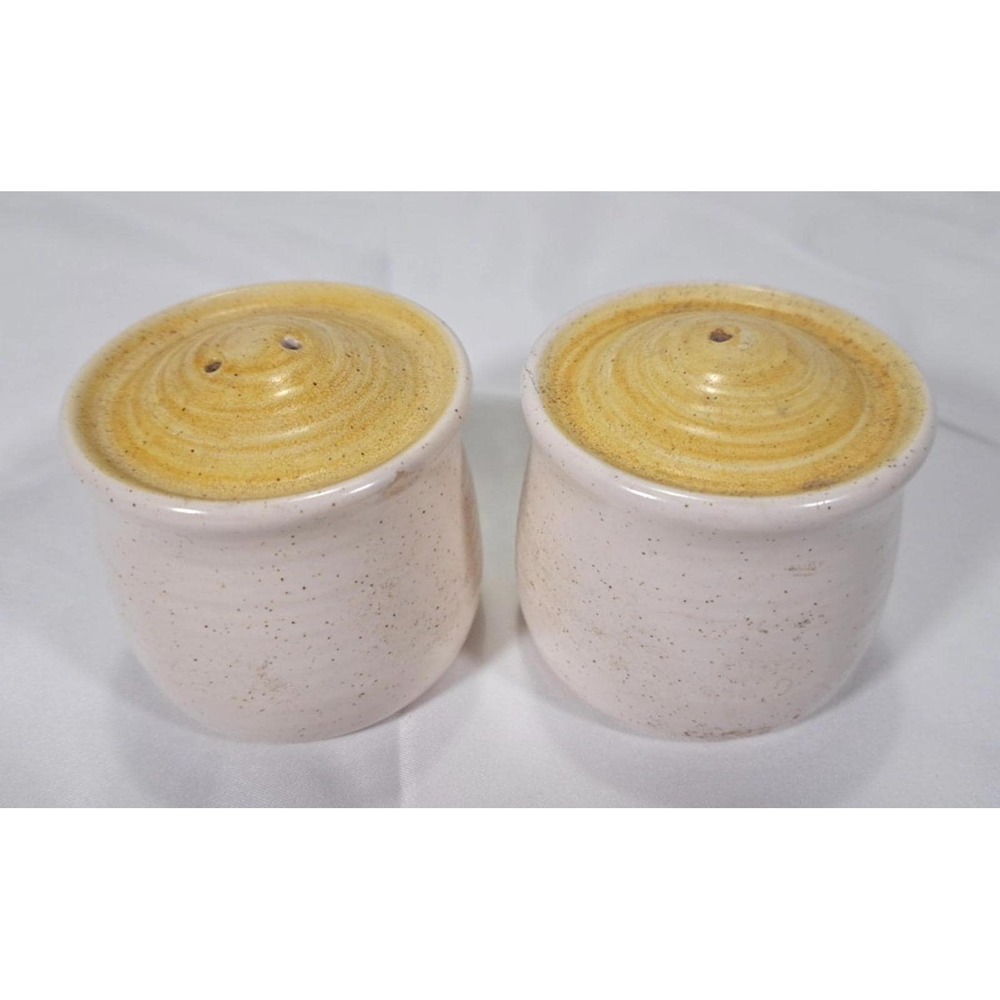 Vintage Speckled Stoneware Salt and Pepper Shakers Cream Mustard Yellow Ceramic